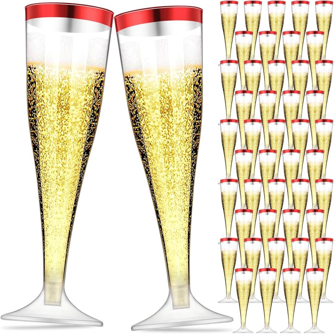 Zubebe 100 Pcs Plastic Champagne Flutes 4.5oz Classic Champagne Clear Plastic Cups Wedding Party Toasting Cocktail Cups Bulk Home Toasting Drinking Party(Red)