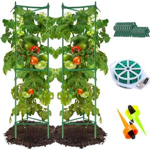 Megidok Tomato Cages - Garden Plant Stakes Support 2 Pack 49" with 164ft Plant Ties&20 Pcs Plant Clips&2 Watering Drip Devices for Climbing Plants Vegetable