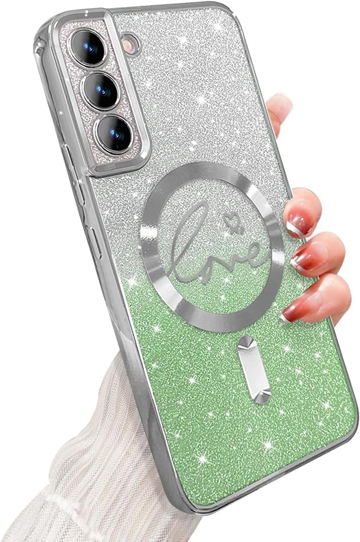 ZONRW for Samsung Galaxy S21 Case Magnetic,for Women Girl Soft Cute Luxury Love Heart Plating Bling Gradient Glitter Clear Phone Case Compatible with MagSafe Shockproof Back Cover 6.2-Green
