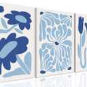 Blue Flower Wall Art Set of 3, Henri Matisse Light Blue Aesthetic Wall Decor, Abstract Gallery Posters Canvas Painting Pictures Prints for Bedroom Living Room Bathroom Framed 16x24 inch