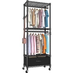 VyGrow Clothes Rack, Clothing Rack for Hanging Clothes, 4 Tiers Adjustable Closet Organizer System with Drawer | Double Rods | Side Hooks | Load 445lbs | 23" L x 13.18" W x 78.74" H | Black