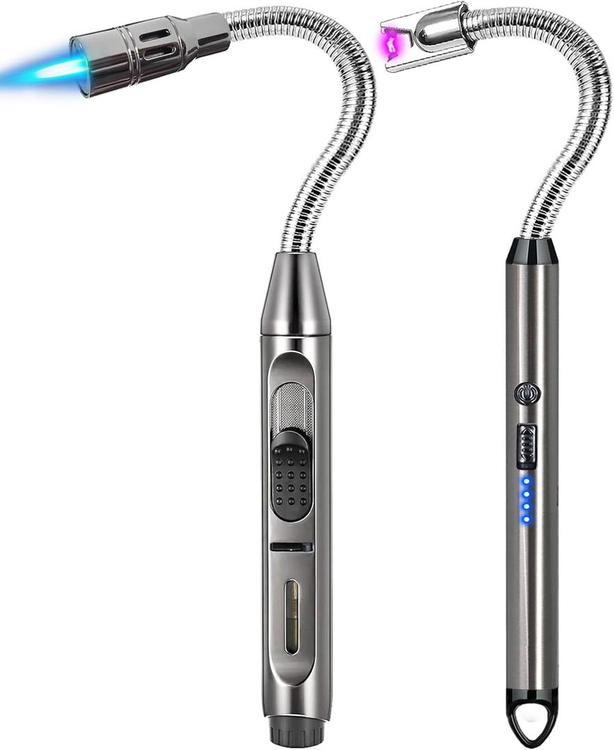2 Pack Candle Lighter Electric Arc Long Flex Neck Utility Butane Torch Lighters Rechargeable USB Refillable Gas Jet Flame Windproof Lighter for Camping BBQ Grill Gas Stove