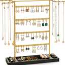 Pinzoveco Jewelry Organizer, 4 Tier Earring Holder Organizer with Base Tray, Jewelry Holder Organizer Stand for Necklaces Holder, Rings, Bracelets, Jewelry Display and Storage (Golden and Black)