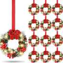 12 Pcs Mini Christmas Cabinet Wreath with Lights Prelit 8" Artificial Small Pinecone Front Door Wreath with Bow Xmas Hanging Garland for Kitchen Window Stairs Railing (Red)
