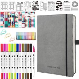 Y&I Bullet Dotted Journal Kit, A5 Hardcover Dotted Journal Notebook with 200 Pages, 120GSM Thick Paper, Stencils Stickers Pens Washi Tapes, Dotted Journaling Kit for Beginners Women Teen Girls (Gray)