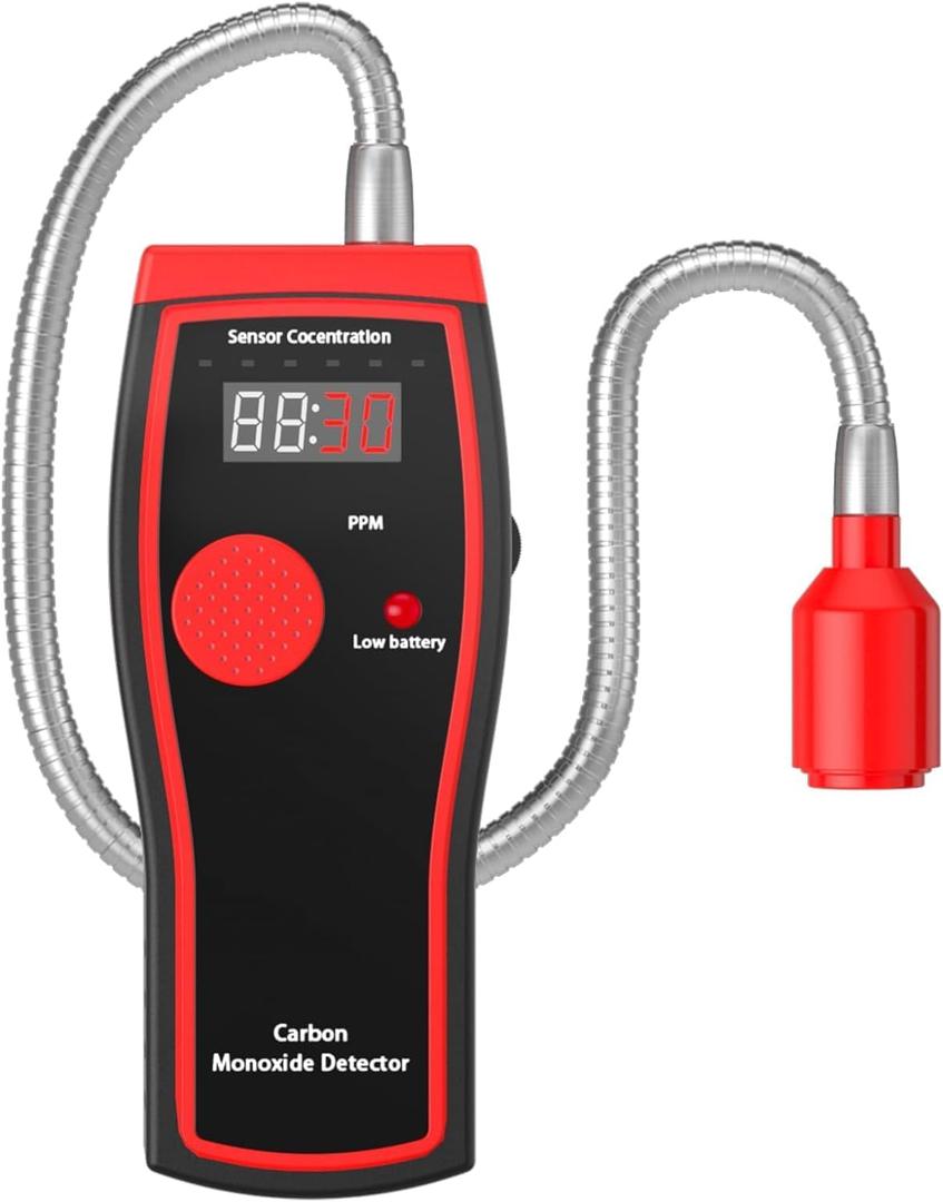 Carbon Monoxide Detector, 12 Inch Long Bendable Sensor, Alarms Battery Operated, Handheld Carbon Dioxide Detector Portable, Tick Tock Beep, Lighted Warning 3 in 1 Detector for Camping, Home & RV