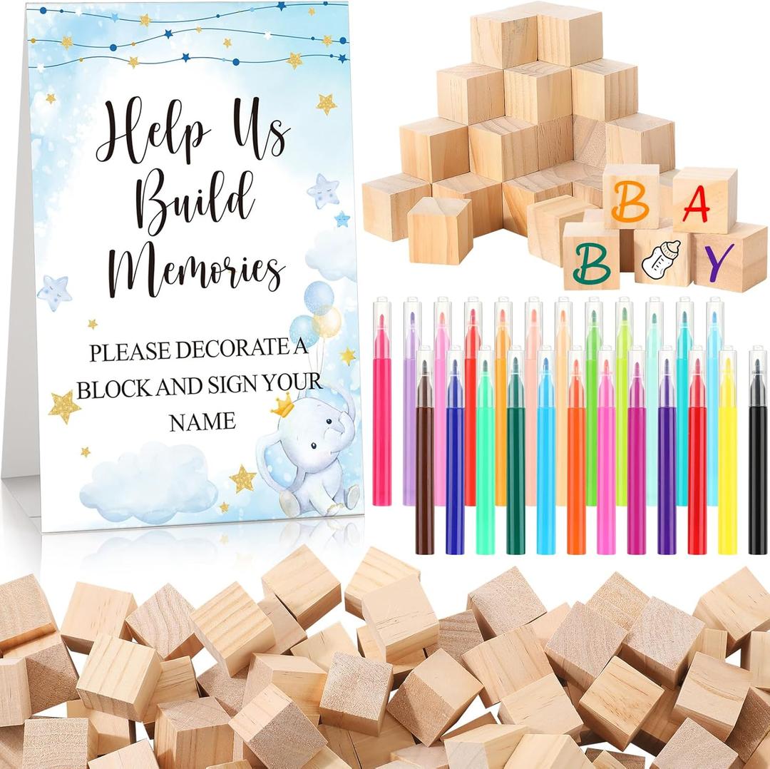 125 Pcs Baby Shower Decorate a Block Game Set Includes Help Us Build Memories Sign 100 DIY Blank Wooden Block 24 Paint Marker Prize for Wedding Baby Shower Game(Blue Elephant)