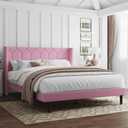 Queen Size Bed Frame with Headboard, Velvet Upholstered Platform Bed Frame No Box Spring Needed, Queen Sized Modern Bedframe with Strong Wooden Slats, Pink