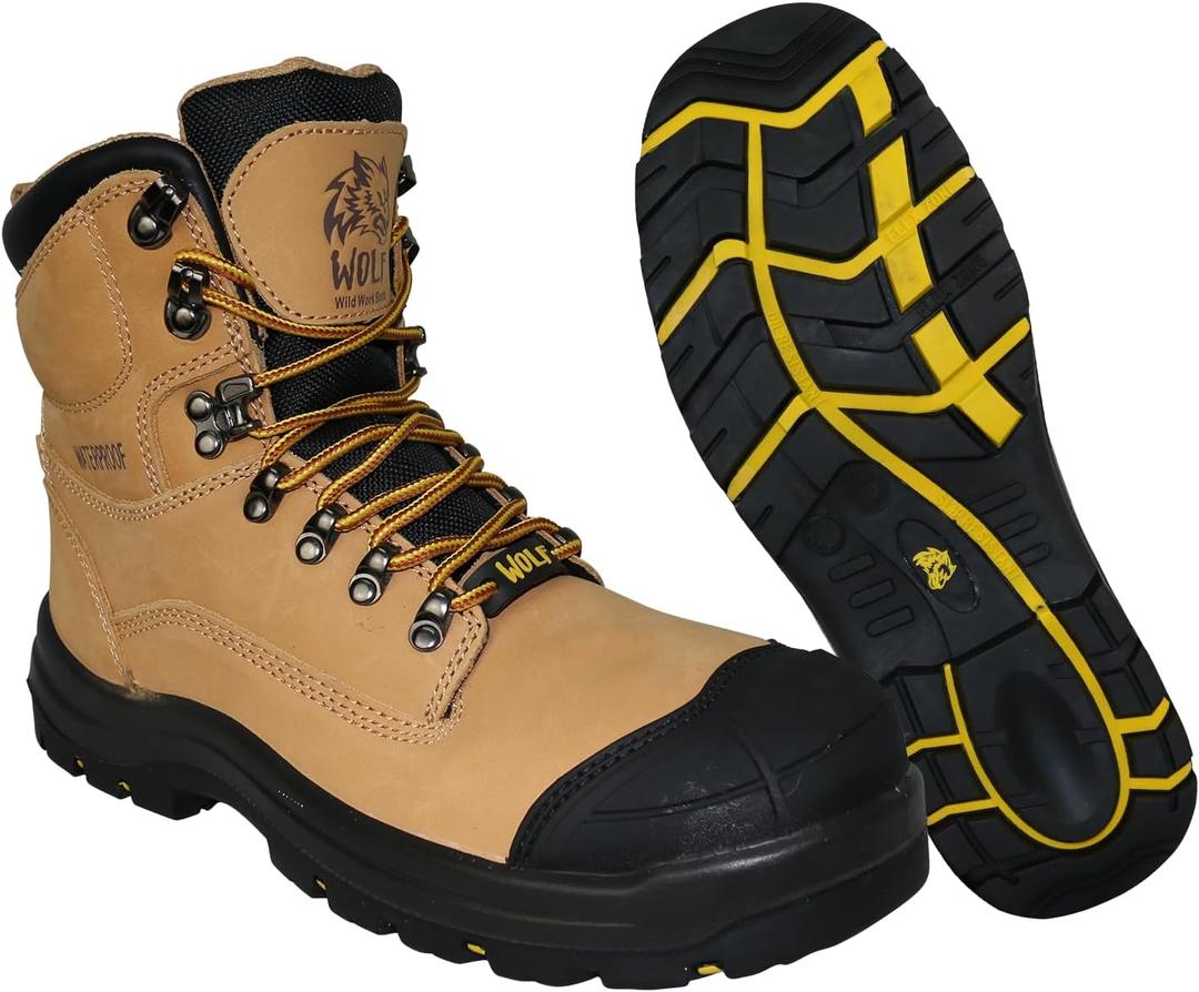 WOLF Work Boot | 100% Waterproof Genuine Leather | Oil, Impact, Compression & Puncture Resistant | Electrical Hazards | Non-Slip Sole | Padded Collar | Construction | Industrial PPE (6, Tan Composite Toe)