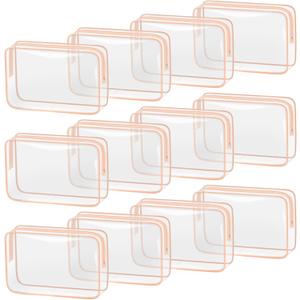 TISRATOK 12 PCS Clear Makeup Bag for Women with Zipper, TSA Approved Toiletry Pouch, Cosmetic Bag Bulk for Travel Organizer Essentials - Orange-pink, Large