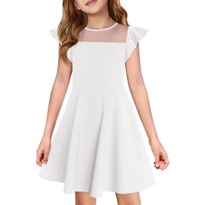 Haloumoning Girls Dress Summer Ruffle Sleeve Mesh A Line Casual Party Dresses with Pockets for Kids 4-14 Years (9-10 Years, White)