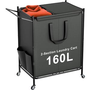 Laundry Basket with Wheels, 2-Section Rolling Laundry Hamper with Removable Liner, 42 Gallons (160L) Laundry Sorter Cart, Clothes Hamper Sturdy Metal Frame with Handle, Effortless Movement (Grey)