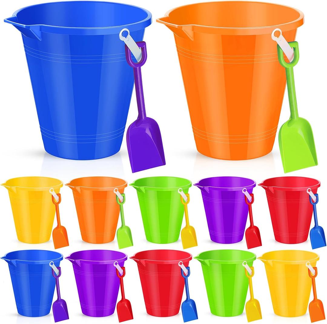 Didaey 6 Set 9 Inch Beach Sand Buckets and Shovels Set Includes Large Sand Buckets and Shovels Beach Pails Toys for Kids for Summer Theme Party Favors Summer Game (6 Colors), Buckets: 9 inches, Shovels: 7.5 x 2.5 inches