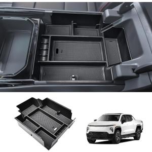Center Console Organizer Compatible with 2024 2025 2026 Chevy Silverado EV WT/RST/LT & GMC Sierra EV Accessories - Custom Fit Armrest Insert Tray with Dual-Layer Storage Sunglasses Coin Holder