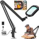 10X Large Magnifying Glass with Light and Clamp, Real Glass, 5 Color Modes, Stepless Dimmable, Lighted Magnifier with Stand Hands Free, LED Swing Arm Desk Lamp for Close Work, Craft, Reading, Painting (14.35-Inch, Black)