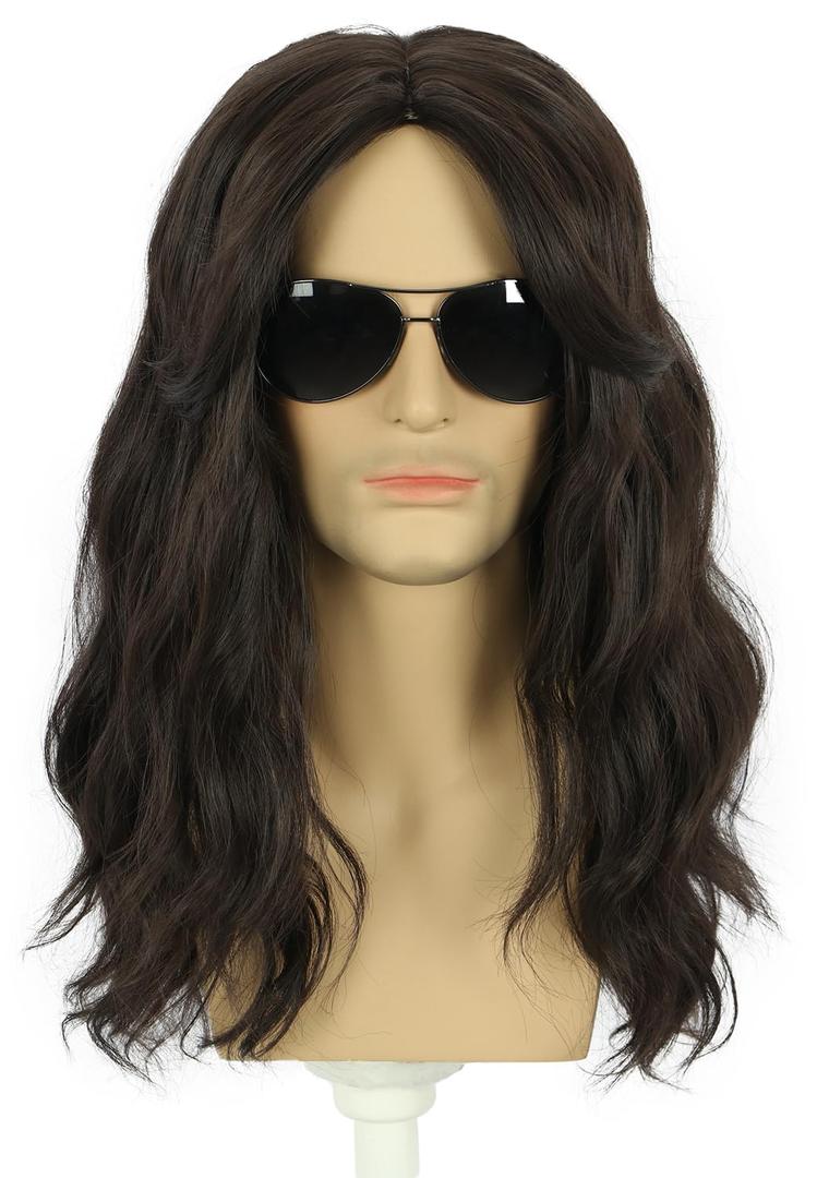 karlery California 80s Rocker Wig Men Women Long Curly Dark Brown Halloween Costume Anime Wig