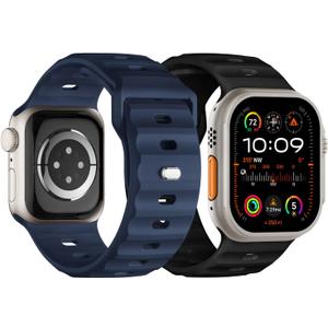 Sport Band Compatible with Apple Watch Ultra 2 Band 49mm 46mm 45mm 44mm 42mm for Men, Soft Silicone Wristbands Waterproof Replacement Strap for iWatch Series 11 10 9 8 7 6 5 4 3 SE Ultra 3 2 1, 2 Pack (Black/Navy Blue)
