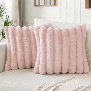 4 x Soleebee Set of 2 Throw Pillow Covers Soft Plush Fluffy Faux Rabbit Fur Pillow Covers Cozy Velvet Pillowcase for Couch Sofa Bed Chair Home Decorative Pillows Cover 16x16 Inch, Pink