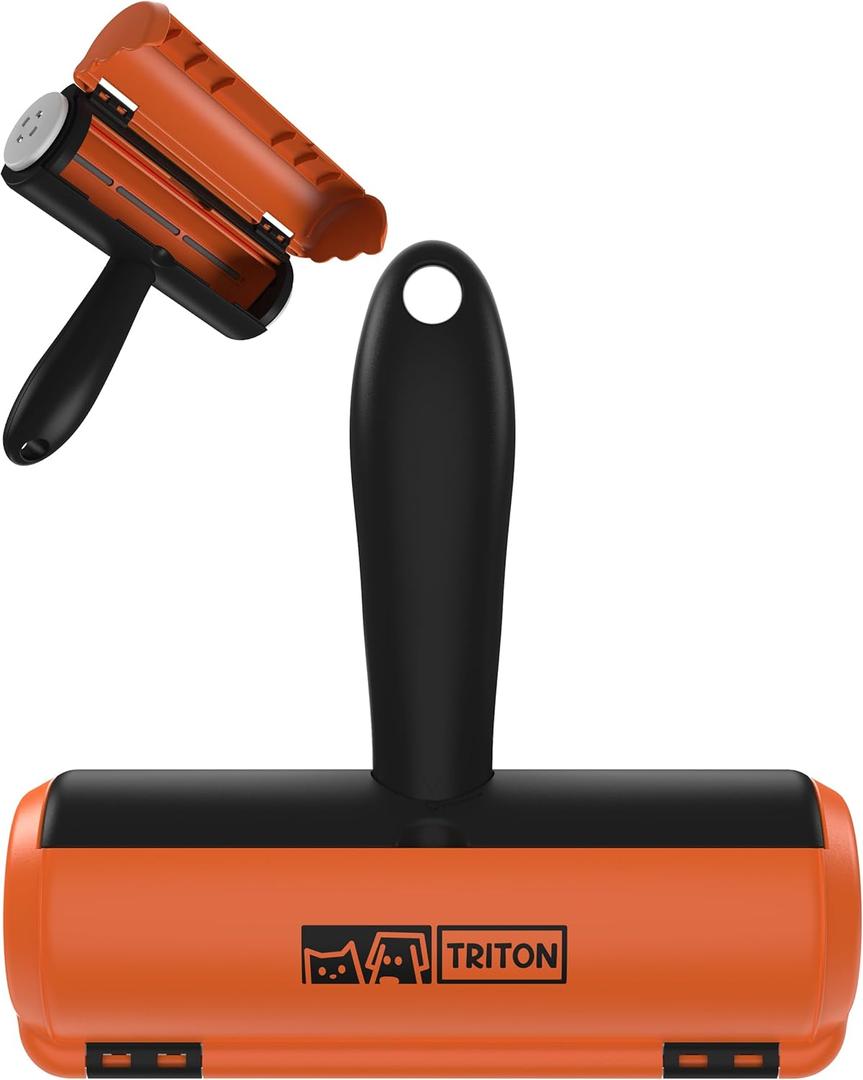 Triton Pet Hair Removal Tool w/Fur Trapping Compartment, 60% Smaller Storage Size, Reusable Shedding Roller, Cat and Dog Hair Remover for Car, Furniture, Carpet, Couch (Orange) (Large)