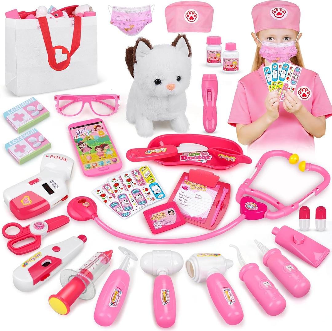 33Pcs Pet Doctor Kit for Toddlers, Pretend Vet Play Set with Cat Toy, Stethoscope, Dress Up Costume & Carrying Bag, Role Play Toys, Christmas Birthday Gifts for Ages 3 4 5-8 Year Old Boys Girls, Pink with Cat Toy