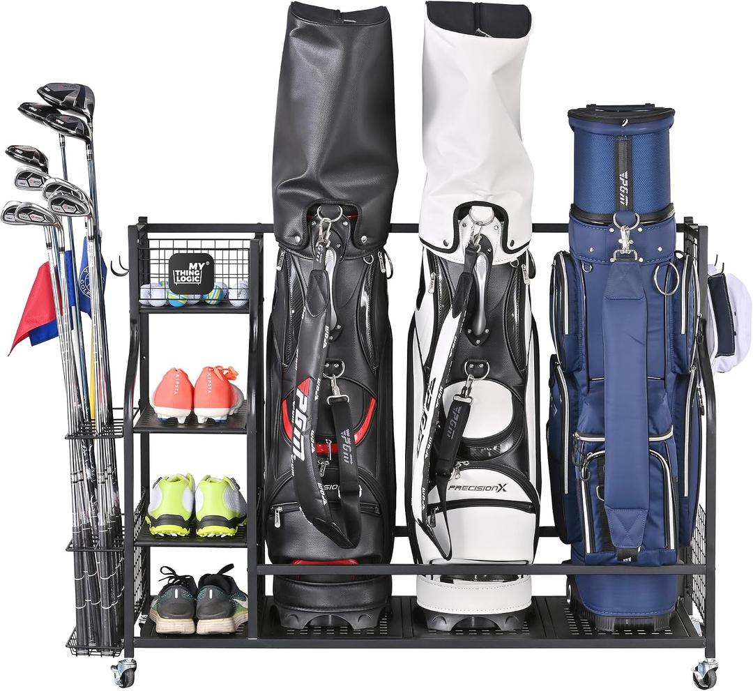 Mythinglogic Golf Storage Garage Organizer, Golf Bag Storage Stand and Other Golfing Equipment Rack, Extra Storage Rack for Golf Clubs,3 golf bag rack