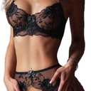 Womens Sexy Floral Lace Bra Thong and Garter Sets Embroidery Lingerie Set Push up Bra and Panty Thong Naughty 3 Piece (Black, Medium)