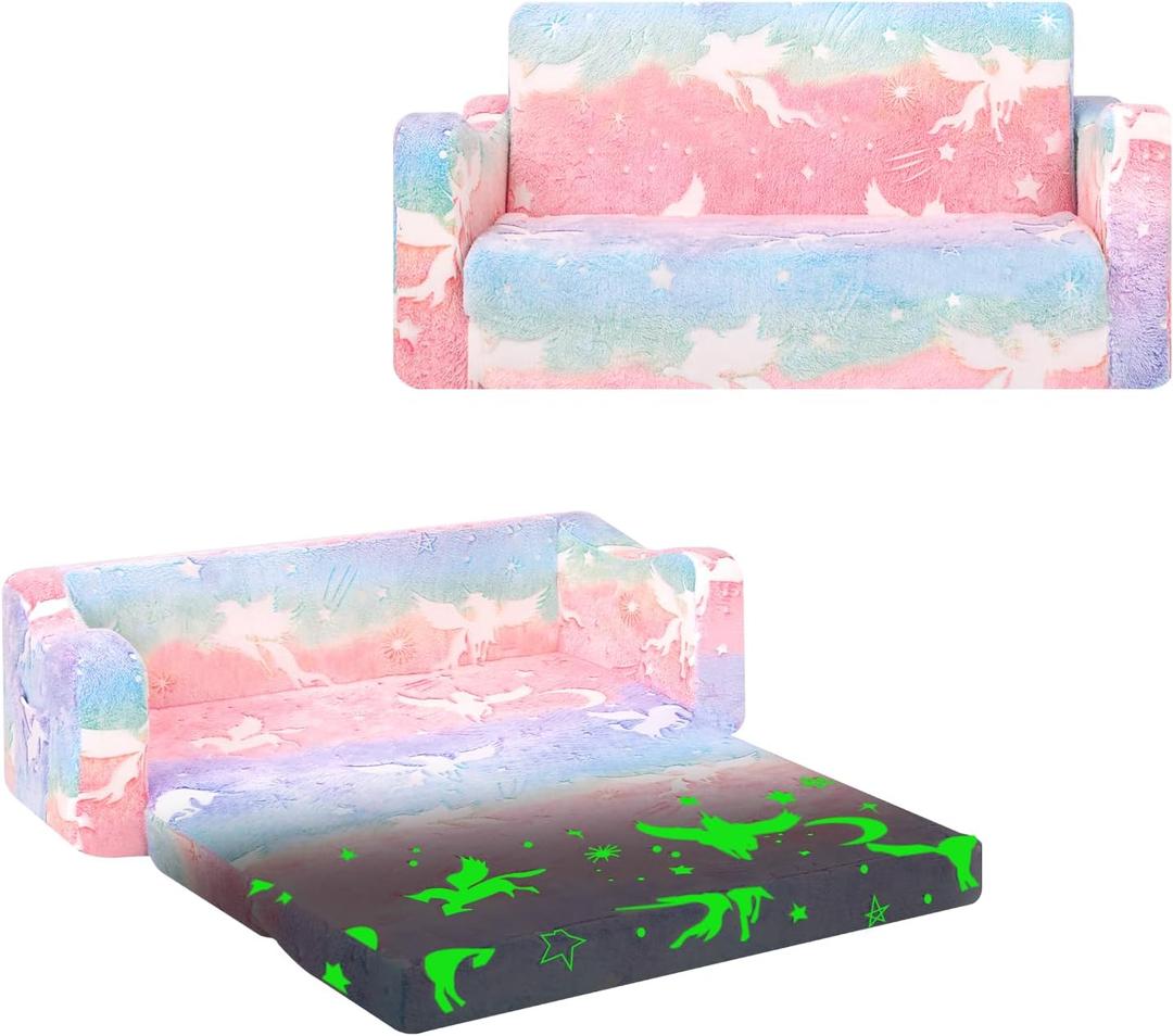 alldomess Kids Couch Extra Large,Glow in The Dark 2in1 Folding Kids Sofa Bed for Girls,2 Seats Convertible Sleeper Lounger Toddler Couch for Children Bedroom Playroom Nursery, Unicorn