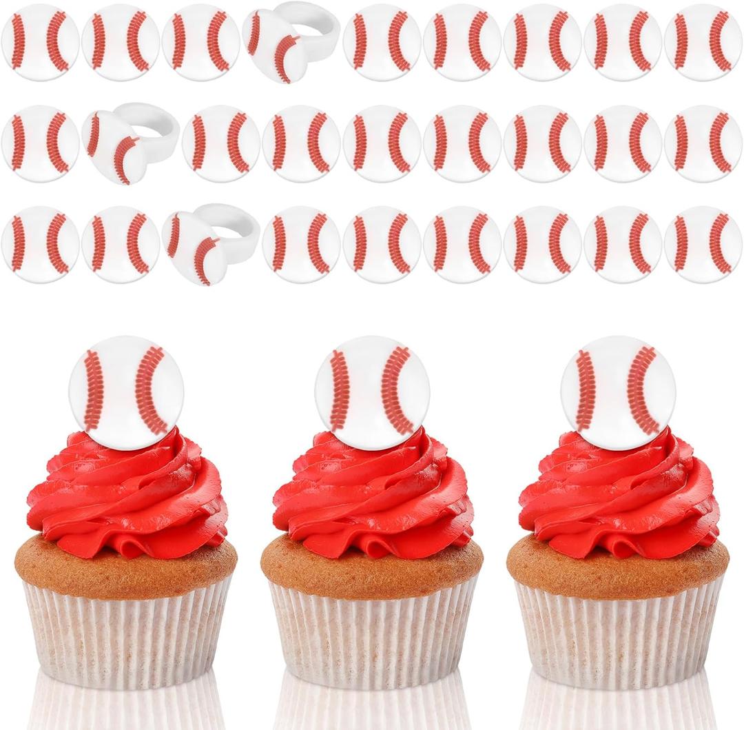 Honeydak 48 Pcs Baseball Cupcake Rings Toppers Decoration Sport Ball Theme Cupcake Picks Baseball Party Decoration Sport Cupcake Toppers Rings for Birthday Party Supplies
