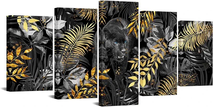 sechars 5 Pieces Black and White Animal Panther Canvas Wall Art Modern Cheetah with Blue Eyes Pictures Wildlife Painting Artwork Framed for Living Room Bedroom Office Decor Ready to Hang (Medium)