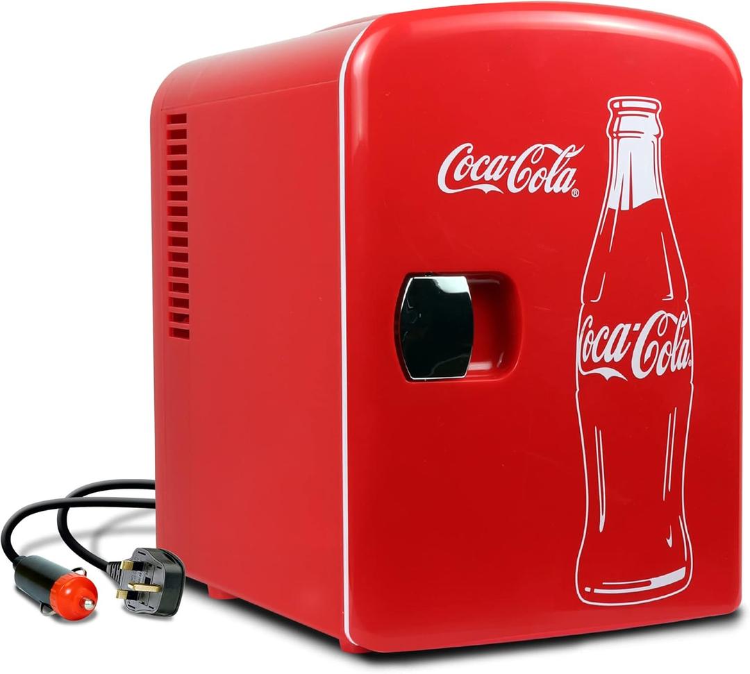 Coca Cola Mini Fridge for Bedroom Cosmatic Office 4L Small Refrigerator 6 Can Mini Dorm Fridge Portable Cooler 12V DC 110V AC Personal Travel Snacks Drinks Red