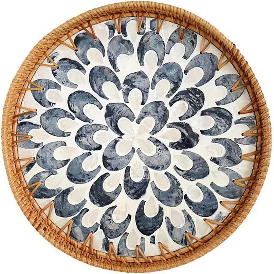 Round Mother of Pearl Serving Tray - Rattan Woven Tray for Bread, Food, Fruits - Mid-Century Modern Decor - Brown (Black Feather)