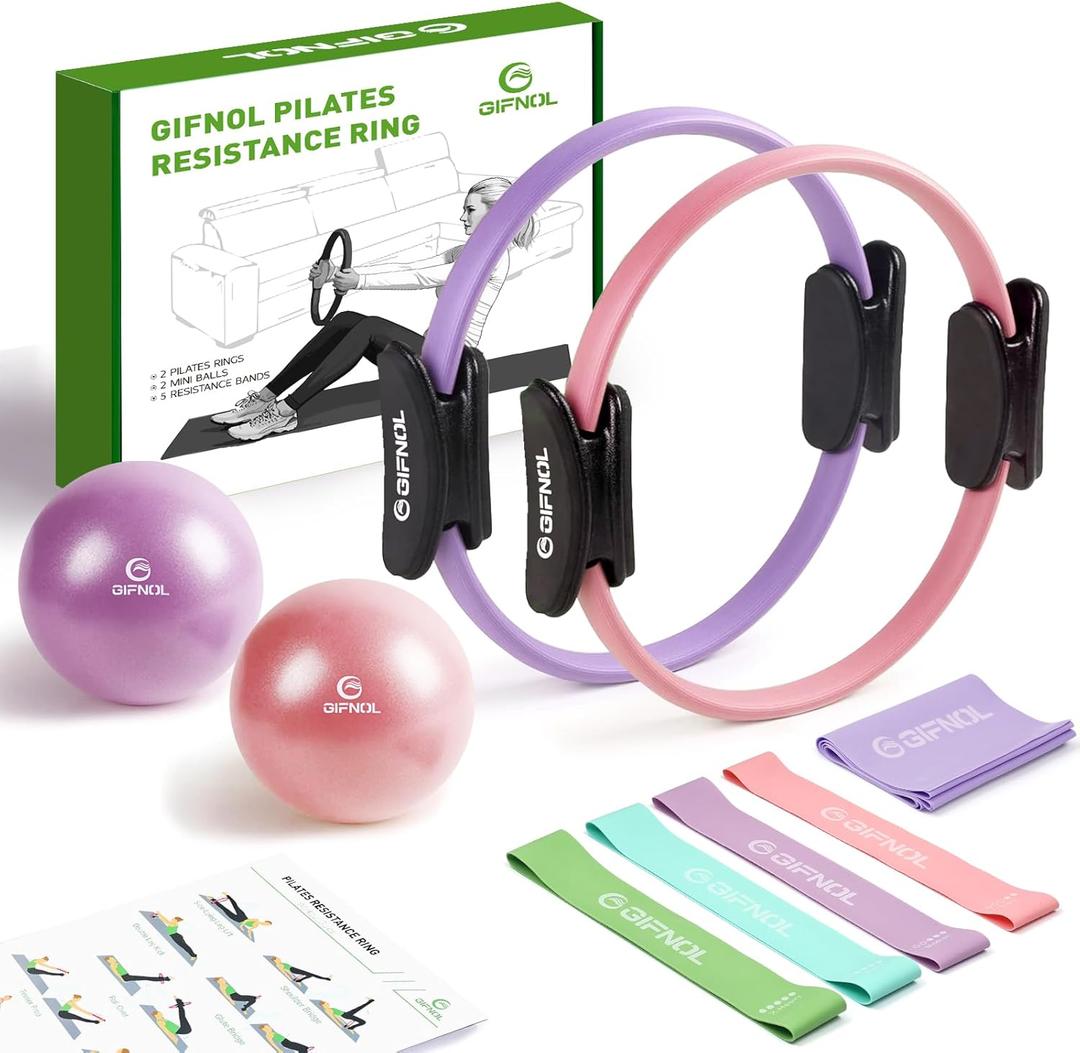 Pilates Ring and Ball Set with Resistance Bands - Pilates Equipment for Home Workout - 14'' & 12'' Pilates Rings, 2 Pilates Balls, 5 Resistance Bands for Toning Arms, Thighs/Legs & Core (Purple & Pink)