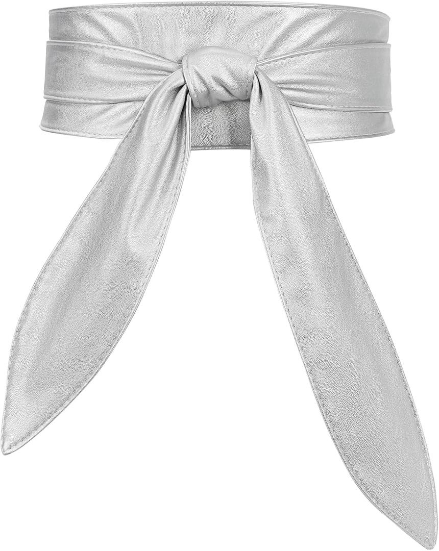 WHIPPY Women Obi Belt Fashion Wrap Around Wide Waistband Knotted Belt for Dress (Fits Waist Size 22"-28", 7-silver)