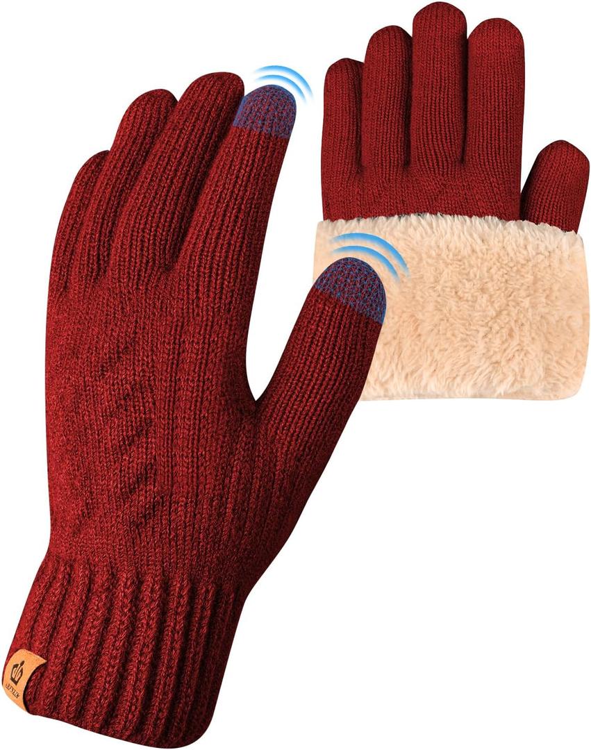 Thermal Winter Gloves-Fleece Lining Touch Screen Knit Stretchy Warm Gloves for Running Cycling Riding- Men Women (Red)