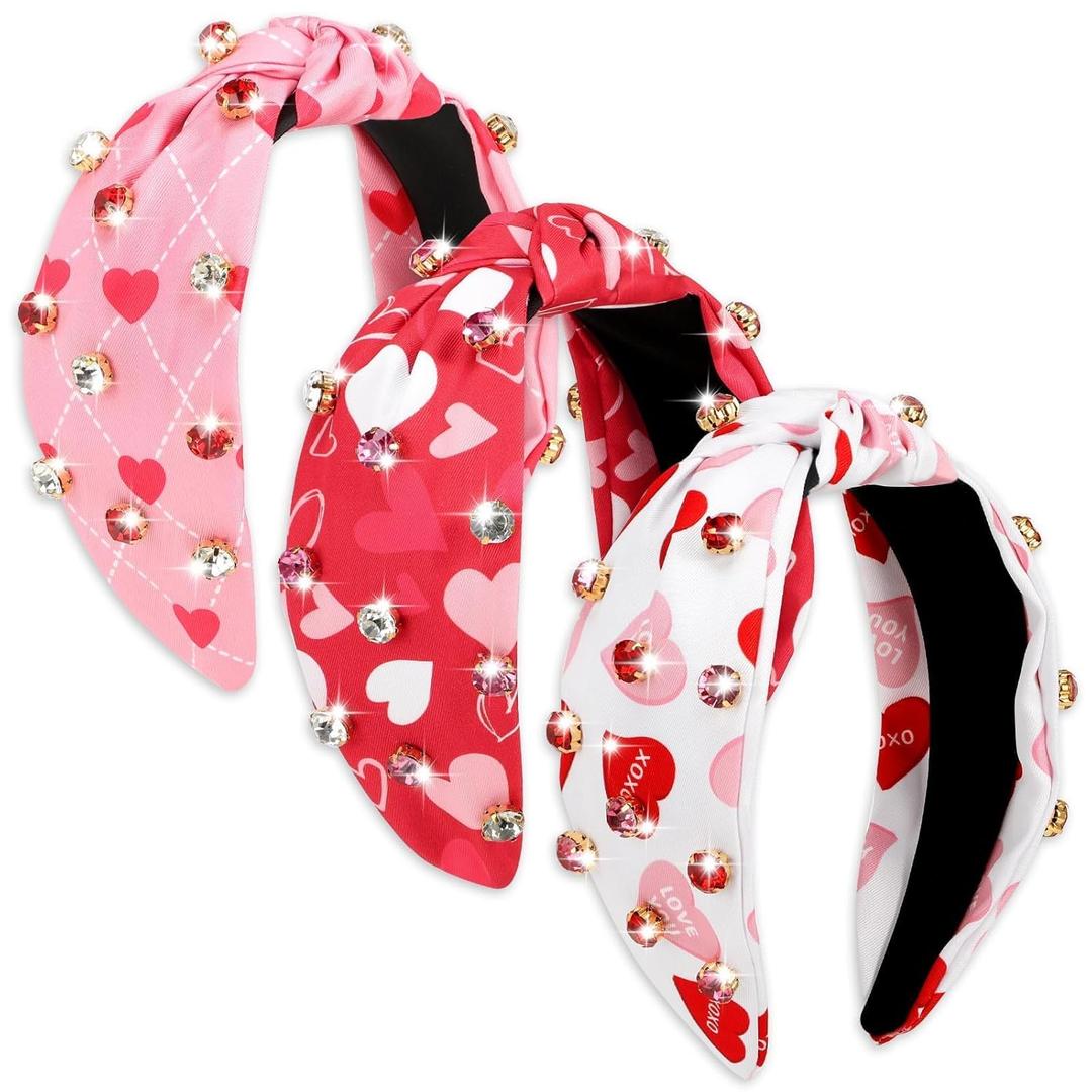 CiyvoLyeen 3PCS Valentine's Day Headbands for Women Love heart Crystal Pearl Wide with Hot Pinkk and Red Heart Hairband Valentine's Hair Accessories Outfits Holiday Gifts