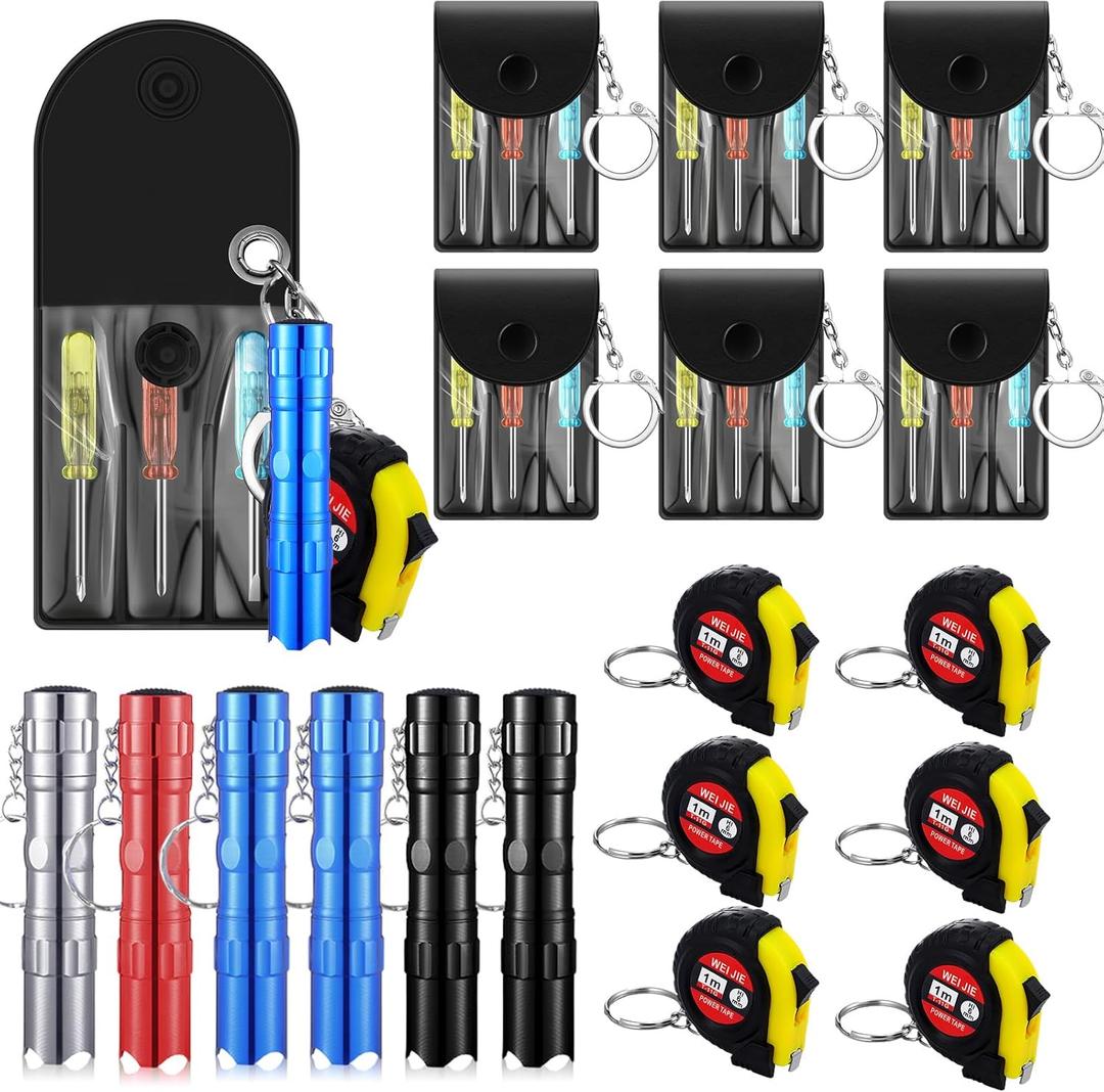 18 Pcs Mini Screwdriver Tape Measure Keychains LED Flashlights Keychain Set Christmas Stocking Stuffers Bulk Adult Pinata Stuffers Tool Party Favors Neighbor Gifts for Men, No Batteries Included