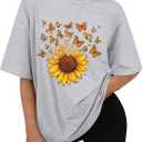 Sunflower Shirts for Women Graphic Tees for Women Vintage Women's Sunflower Shirt Crew Neck Short Sleeve Tees, 2XL