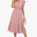 Women 2025 Summer Dress Midi Dress V Neck Ruffle Cap Sleeve Flowy Split Tiered A-Line Wedding Guest Dress Apricot Large