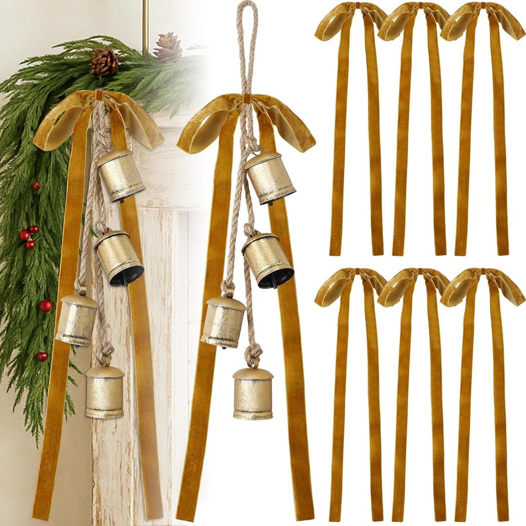 2 Pcs Christmas Cow Bells with 8 Pcs Khaki Velvet Christmas Bows Vintage Gold Bell Decorations with Velvet Ribbon Bows for Xmas Tree Wall Home Wedding Wreath Garland Staircase Indoor Outdoor