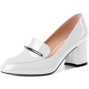 Eldof Women's Pumps Block Heel Round Toe Slip On Chunky Loafer Heel Dress Shoes Pumps for Women 2.5 Inches (8, White)