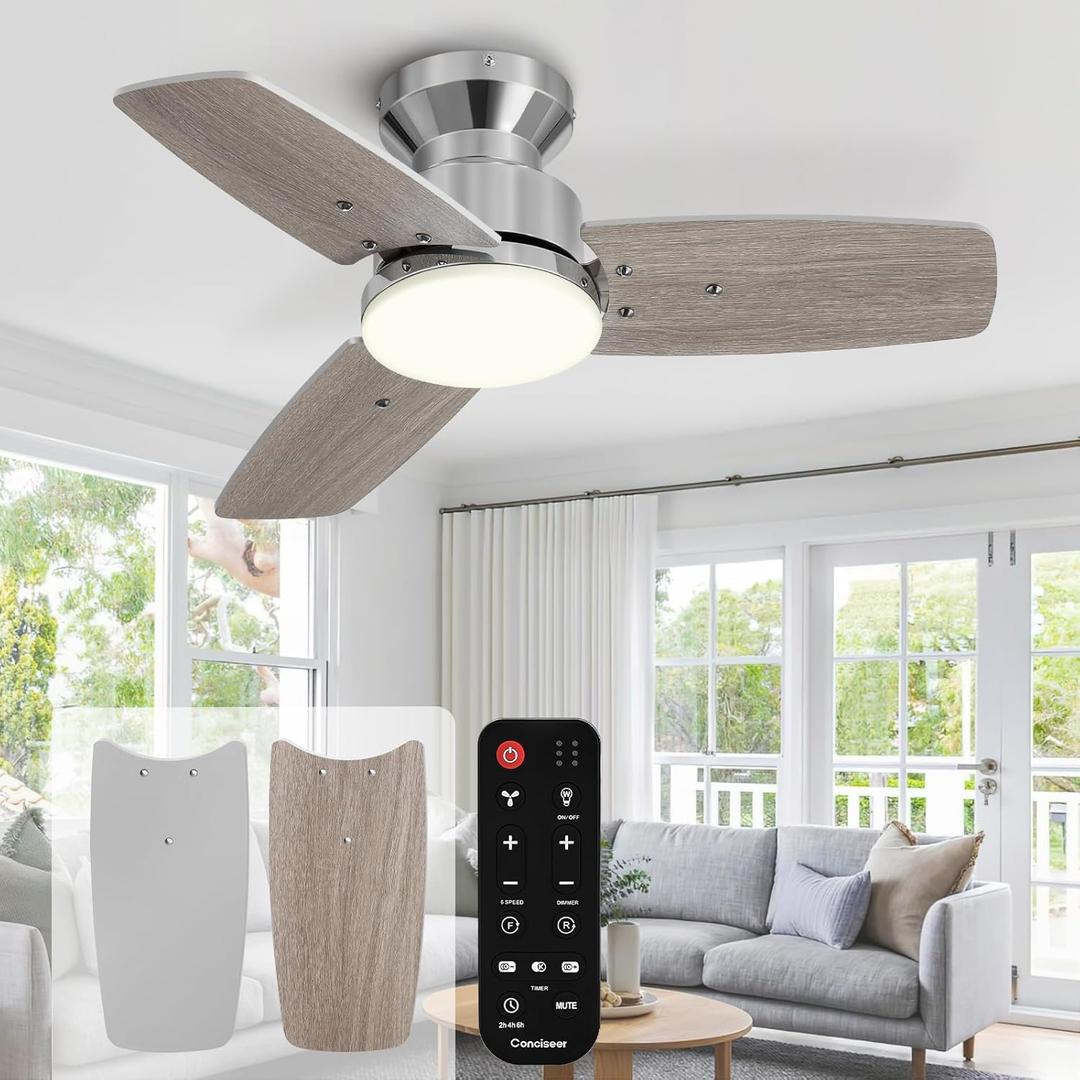 42 Inch Ceiling Fans with Lights and Remote, Bedroom Living Room Office, Flush Mount, 3CCT Dimmable, Dual Color 3 Blades 6 Speed Reversible Quiet DC Motor, Chrome-Plated/Wood Grain (CP-WD)