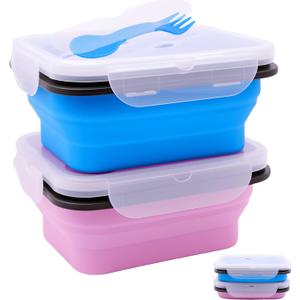 2 Pack Collapsible Silicone Bento Lunch Boxes With Lids Spoon Fork, 20.3oz, Lunch Food Storage Containers, Safe in Microwave, Dishwasher and Freezer, BPA Free (Blue and Pink)