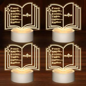Kosiz 4 Pcs Pastor Appreciation Gifts Bulk LED Light Pastors Gift for Night Men Women Acrylic Clergy Lamp with Base Bible Verse Gifts for Birthday Anniversary (Stylish Pastor)