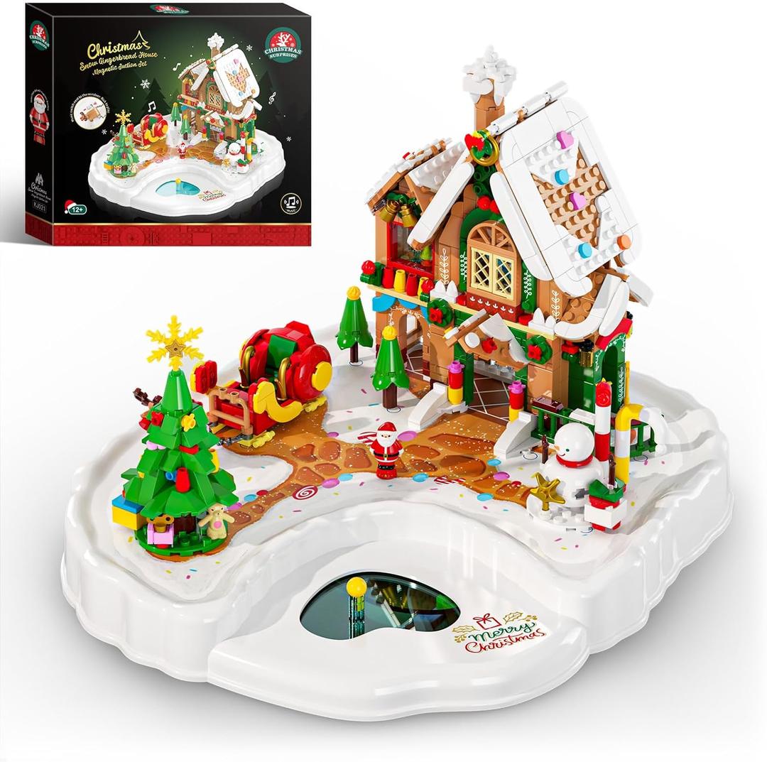 2025 Christmas Gingerbread House Building Set with Magnetic Interactive Base, 656PCS Holiday Village Building Block with Music Toy, Movable Santa, Xmas Tree,Sleigh, Gifts for Adults Kids Girls Boys 6+
