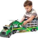 UFLJPKS Kids Dinosaurs Semi Trailer Truck Toys, Large Semi Flatbed Truck Toy with Helicopter and Dinosaurs, Lights and Sounds, Toddler Boy Transport Vehicle Toys for Age 3 4 5 6+
