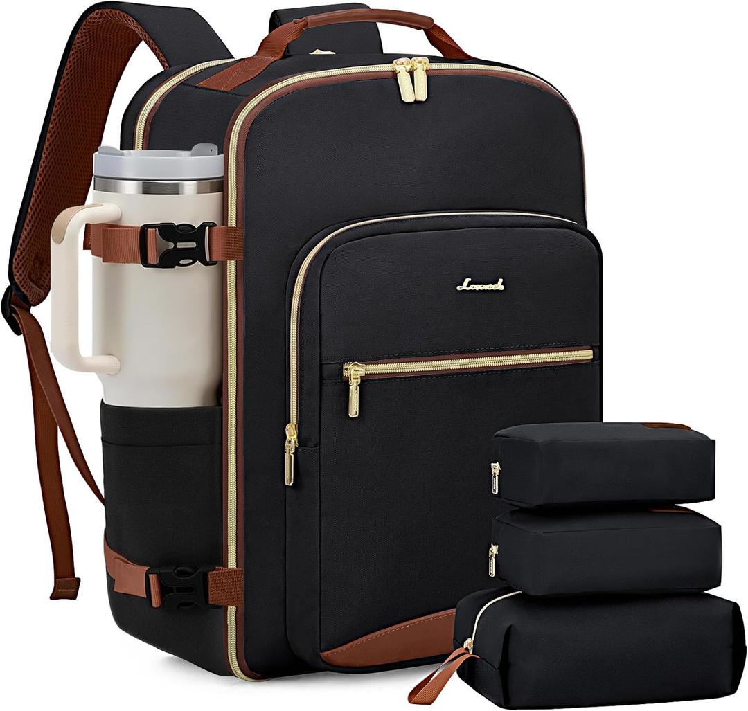 LOVEVOOK 50L Large Travel Backpack for Women Men Fits 17 Inch Laptop, Carry on Backpack for Traveling on Airplane, Personal Item Bag Airline Approved, Business Causal Weekender Backpack, Black-Brown (50L-18.3 Inch-4Pcs)