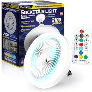 Bell+Howell SocketAir Wireless Ceiling Fan Light with Remote Control, Extender, 110-120 Volt, 2100 Lumens, 3 Fan Speeds, 3 Light Settings, 6500K for Living, Dining, Working Space ASON TV