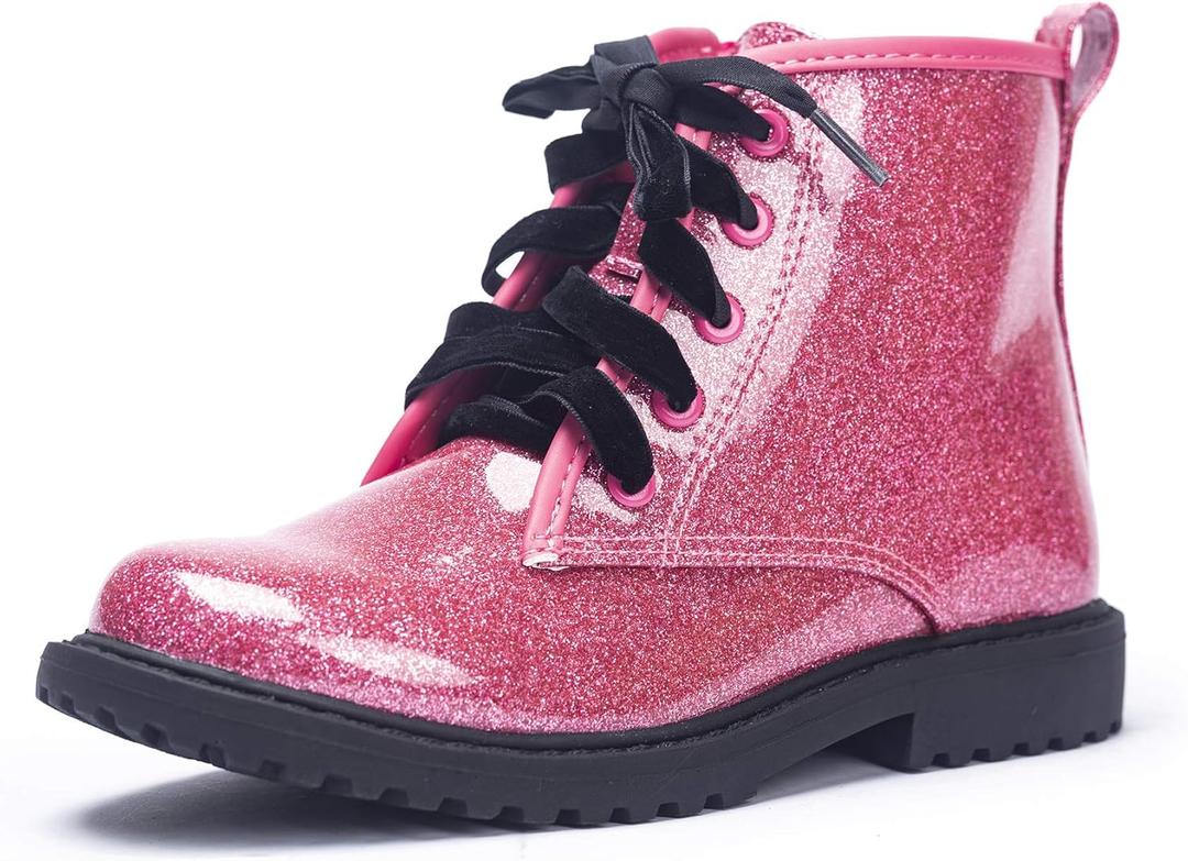 FITORY Girls/Boys Glitter Ankle Boots, Lace Up Waterproof Combat Shoes With Side Zipper for Toddler/Little Kid/Big Kid (Hot Pink), Size: 4 Big Kid