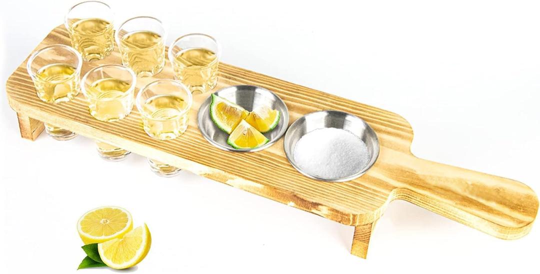 Shot Glasses Serving Tray Tequila Shot Glass Holder with 6 Shot Glasses Set Unique Wooden Holder for Drinking, Serving, Display and Storage for Bar, Restaurant,Tequila Gifts for Housewarming
