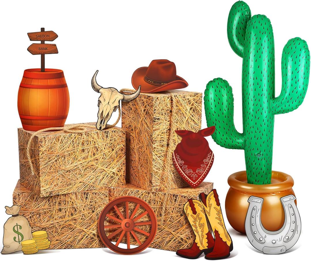 14 Pcs Western Cowboy Party Decorations Hay Bales Straw Boxes Cactus Inflatable Cowgirl Card Hat Horseshoe for Western Birthday Theme Party (Classic, Earthy Yellow)